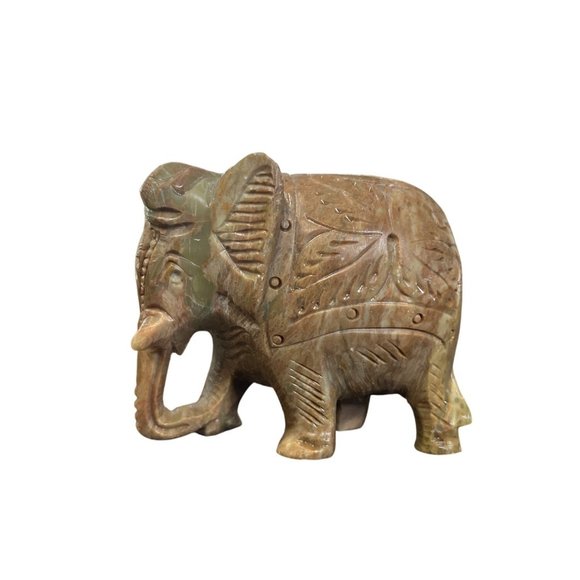 Handcrafted Solid Soapstone Elephant Statue Figurine Intricate Detail Trunk-Down - Picture 2 of 6
